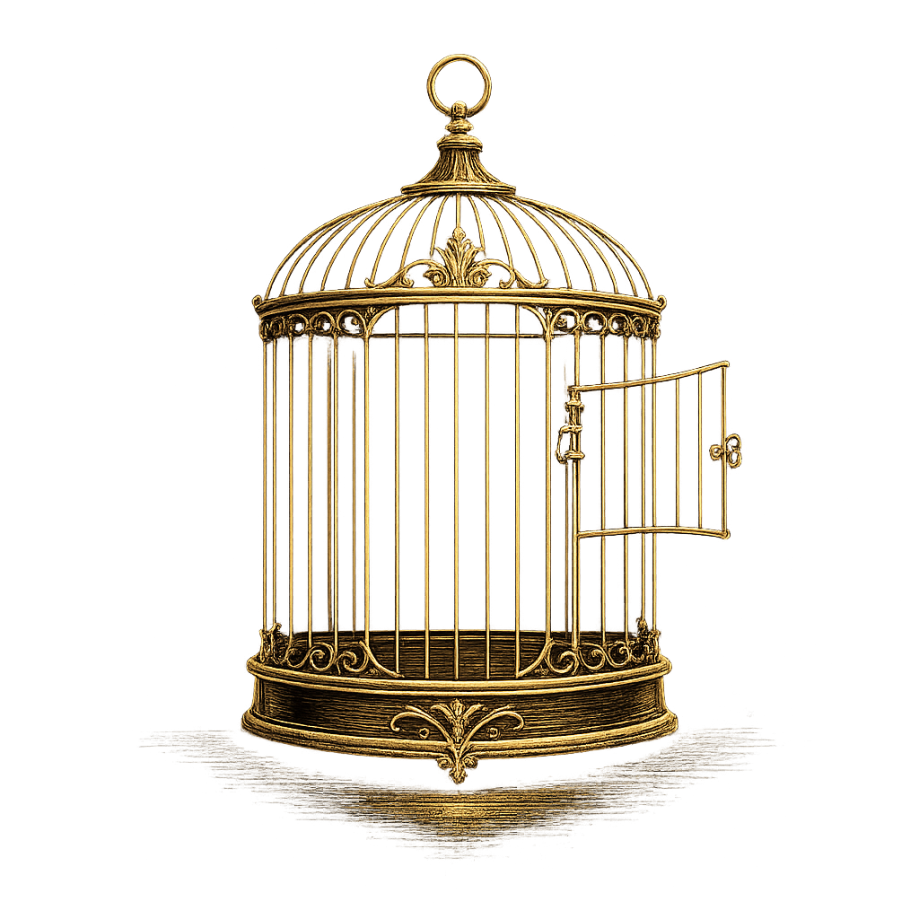 An ornate golden birdcage in Victorian engraving style